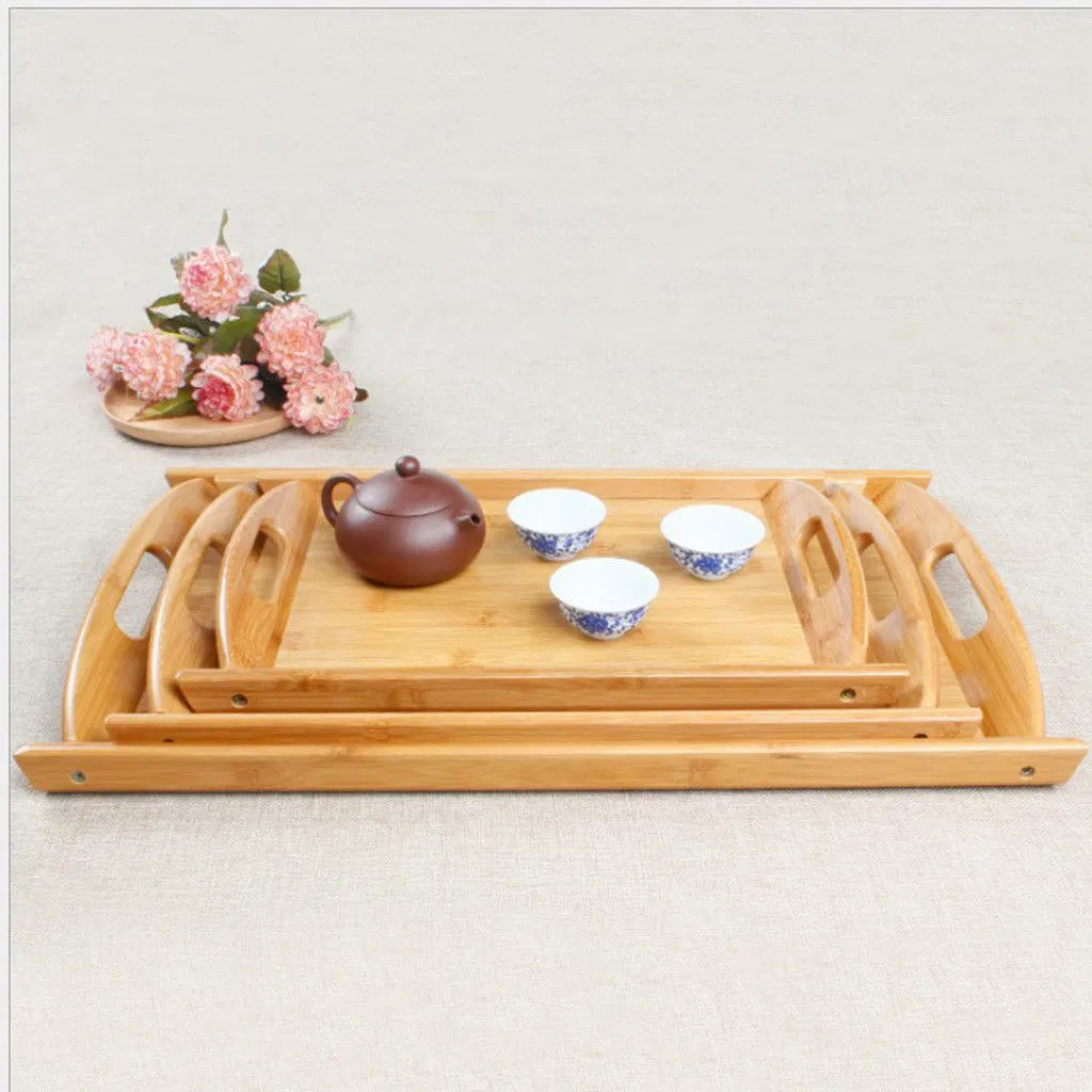 Bamboo Flat Tea Tray Coffee Food Drink Serving Table Platter Tray with Handlebt-2003